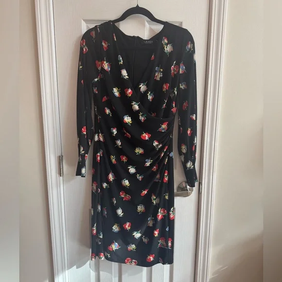 LAUREN RALPH LAUREN Floral Surplice Jersey Dress Long Sleeve Size 10